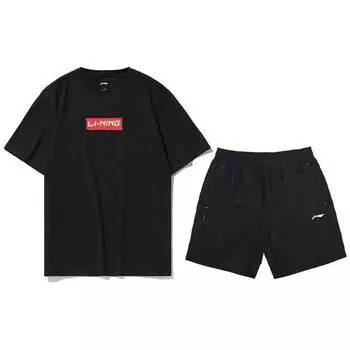 Li-Ning Футболка с однотонным логотипом и буквами, быстросохнущие шорты, повседневный спортивный комплект, мужские комплекты, черный цвет ATST637-1+YKST061-1 M