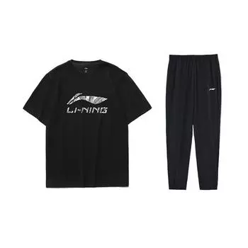 Li-Ning Футболка с принтом буквенного логотипа и брюки с манжетами, повседневный спортивный комплект для мужчин, черный ATST631-1+AYKT551-1 S