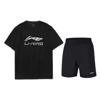Li-Ning Футболка с принтом логотипа и эластичным поясом, облегающий покрой, повседневный спортивный комплект для мужчин, черный ATST631-1+AKSS561-1 M