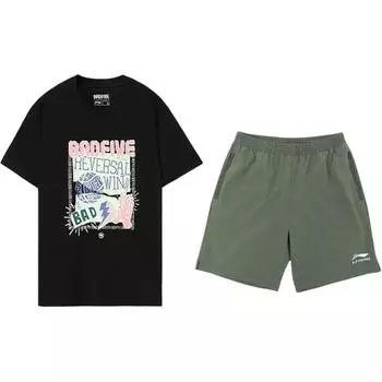 Li Ning Футболка с принтом на баскетбольную тематику, модная, универсальная, с круглым вырезом, с коротким рукавом, повседневный спортивный комплект, унисекс, топы AHSU979-1+YKSV147-1 S