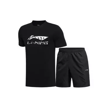 Li-Ning Футболка с вышитым логотипом серии Sports Lifestyle, быстросохнущие шорты, повседневный спортивный комплект, мужские комплекты, черный цвет YHST177-1+YKST061-1 S
