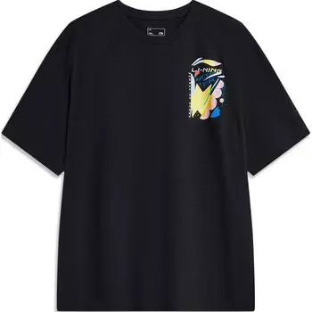 Li-Ning Футболка унисекс с коротким рукавом и круглым вырезом, впитывающая пот, с графическим принтом на тему цветов, черная AHST449-2 M