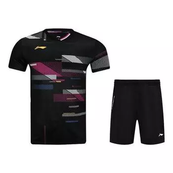 Li-Ning Geometric Color Block V-Neck Quick-Dry Cool Short Sleeve Versatile Comfortable Durable Sports Shorts Badminton Outfit AAYV031-1+AAPU133-1 M
