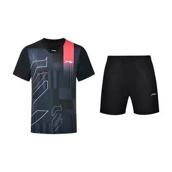 Li-Ning Geometric Line V-Neck Breathable Short Sleeve Straight Leg Elastic Waist Quick-Dry Shorts Casual Sports Suit Unisex suit AAYU269-1+AKSS440-1 M