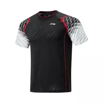 Li-Ning Геометрический узор флуоресцентный цветной блок дышащая быстросохнущая эластичная круглая горловина короткий рукав обычная футболка унисекс топы черный AAYU035-6 L