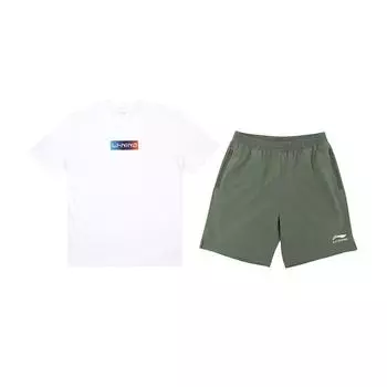 Li-Ning Gradient Letter Logo Print Fashion Versatile Round Neck Pullover Short Sleeve T-Shirt Casual Sports Suit Unisex Tops YHST171-1+YKSV147-1 S