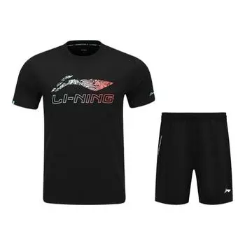 Li-Ning Gradient Logo Quick-Dry Short Sleeve T-Shirt Comfortable Casual Sports Set Unisex Tops, Bottoms AHSV055-1+AAPU133-1 S