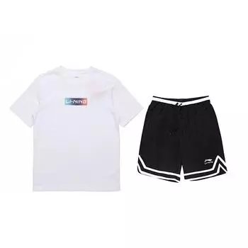 Li-Ning Gradient Logo Round Neck Short Sleeve Striped Comfortable Mid Waist Shorts Casual Sports Suit Unisex Sports Suit YHST171-1+YAPV001-1 M