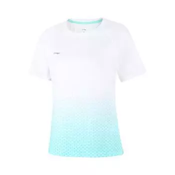 Li-Ning Градиентная футболка с круглым вырезом, дышащая, универсальная, с коротким рукавом, женский топ, стандартный, белый, островной синий, ATSV436-4 L