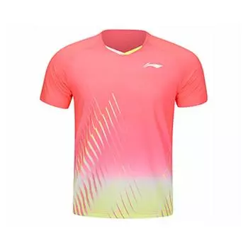 Li-Ning Градиентная круглая горловина удобная универсальная дышащая футболка с коротким рукавом унисекс топы флуоресцентно-камелия-красный AAYU143-1 S