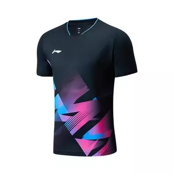 Li-Ning Градиентная полосатая V-образная горловина дышащая рубашка для бадминтона с коротким рукавом унисекс топы черного цвета AAYU233-1 L