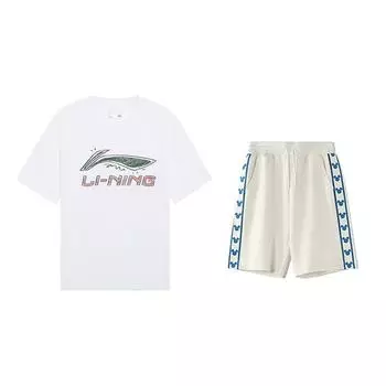 Li-Ning Graffiti Logo Print Pullover Round Neck Short Sleeve T-Shirt Comfortable Skin-Friendly Versatile Shorts Casual Sports Set AHSUB03-2+YKSV129-1 2XL