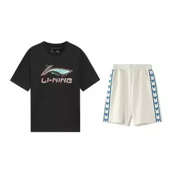 Li-Ning Graffiti Logo Print Round Neck Short Sleeve T-Shirt Comfortable Versatile Skin-Friendly Shorts Casual Sports Set AHSUB03-1+YKSV129-1 S