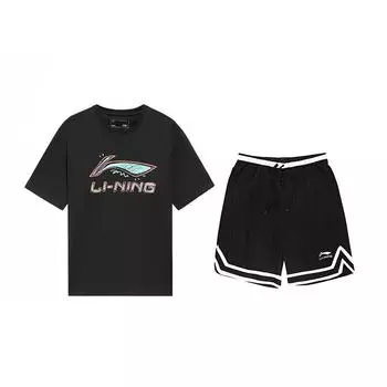 Li-Ning Graffiti Logo Printed Round Neck Short Sleeve Casual Sports Suit Unisex suit Black AHSUB03-1+YAPV001-1 M