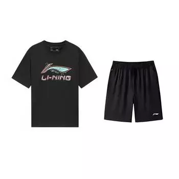 Li-Ning Graffiti Logo Round Neck Pullover Short Sleeve Fashion Versatile Comfortable Shorts Casual Sports Suit Unisex suit AHSUB03-1+AKSV843-1 L