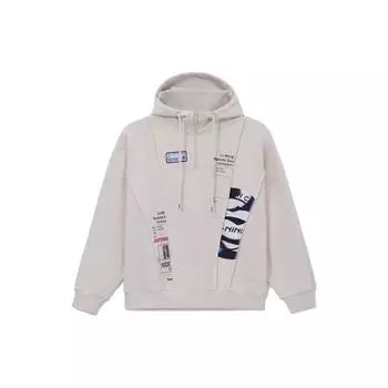 Li Ning Half Zip Fun Print Свободный пуловер с капюшоном для мужчин, толстовки с капюшоном, абрикосовый цвет AWDR727-3 S