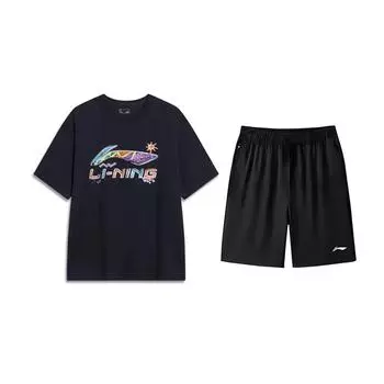 Li-Ning Hand-Painted Logo Print Round Neck Short Sleeve T-Shirt American Vintage Fashion Shorts Casual Sports Suit AHSU745-1+AKSV843-1 L