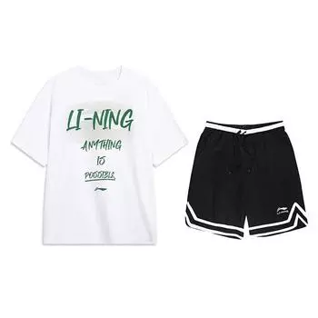 Li Ning High Street Американский винтаж Круглый вырез Буквенный Короткий рукав Однотонный Модный Удобный Шорты Повседневный Спортивный костюм AHSU803-1+YAPV001-1 L