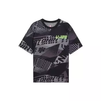 Li-Ning Хлопковая футболка с круглым вырезом и буквенным принтом, мужские топы, черная AHSS119-3 M