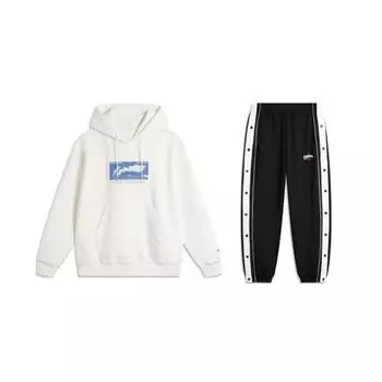 Li-Ning Hooded Drop Shoulder Loose Letter Print Long Sleeve Sweatshirt And Mid Waist Striped Elastic Pants Casual Sports Set Men sets AWDU617/AKLU717 2XL