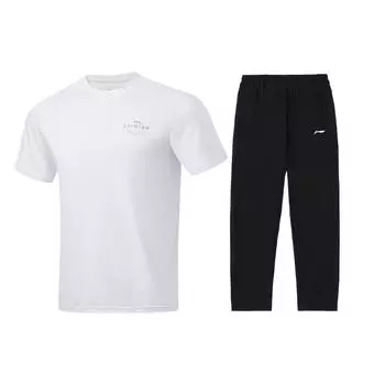 Li-Ning Ice Silk Cool Breathable Short Sleeve Comfortable Solid Color Long Pants Casual Sports Suit Unisex suit ATSU817-2+AYKU703-1 S