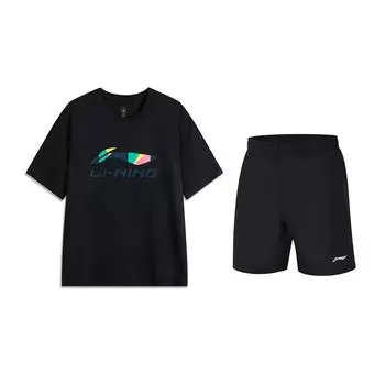 Li Ning In My Name Универсальный комплект с коротким рукавом, однотонные бриджи, повседневный спортивный комплект, унисекс, черный AHSVD61-2+YKST119-1 M