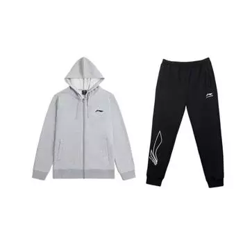 Li-Ning Кардиган с капюшоном с вышитым логотипом, свободная толстовка с длинным рукавом, удобные универсальные длинные брюки, повседневный спортивный костюм YWDV363-2+YKLU331-1 L