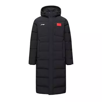 Li-Ning Knee-Length Warm Side-Slit Versatile Hooded Down Jacket Unisex Outerwear Black AYMS185-4 M