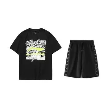 Li Ning Колледжский стиль Свободный крой Круглый вырез Короткий рукав Удобный Простой Повседневный Спортивный костюм Унисекс Спортивная одежда AHSUA21-2+YKSV129-2 S