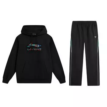 Li-Ning Комплект толстовки с капюшоном и спортивных брюк свободного кроя с принтом букв, с длинными рукавами со спущенным плечом, унисекс, одежда для активного отдыха, черный AYKU747-6+YWDU355 L