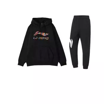 Li Ning красочный буквенный логотип свободная флисовая толстовка с капюшоном и удобные длинные брюки повседневный спортивный костюм унисекс толстовка, брюки YKLU341-1+YWDT337-1 L