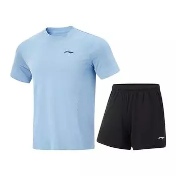 Li Ning круглый вырез пуловер короткий рукав топ и эластичные шорты повседневный спортивный комплект мужские комплекты AATV019-2 S