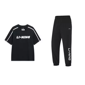 Li Ning Круглый вырез с заниженной линией плеча Прямой крой Топ с коротким рукавом Свободные быстросохнущие длинные брюки Повседневный спортивный костюм унисекс Комплекты черного цвета YHSU175-2+YYKU111-1 L
