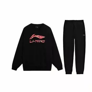 Li Ning круглый вырез свитер с американским буквенным принтом с заниженной линией плеча свободный длинный рукав эластичный пояс длинные брюки повседневный спортивный костюм YWDT525-2+AKLSC99-1 L