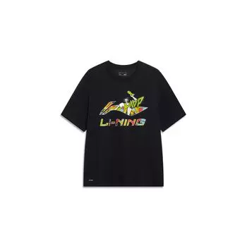 Li Ning крутая и удобная футболка с логотипом бренда, мультяшным принтом и буквами, повседневная, с круглым вырезом и коротким рукавом, мужские топы, черный цвет AHST567-2 L