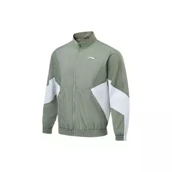 Li Ning Куртка спортивная мужская с воротником-стойкой, водоотталкивающая, свободного кроя, цветной блок, Серо-зеленый AFDT385-4 L