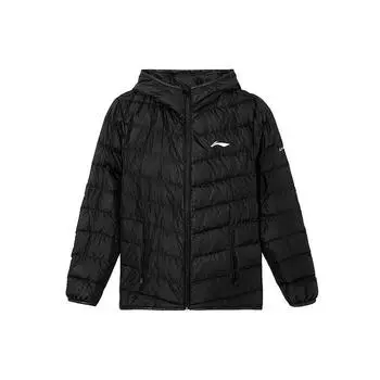 Li-Ning Легкая ветрозащитная однотонная куртка-пуховик с капюшоном унисекс, верхняя одежда, черный цвет AYMR191-1 L