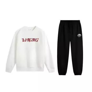 Li-Ning Letter Comfortable Simple Round Neck Pullover Loose Shoulder Long Sleeve Mid Waist Tied Long Pants Casual Sports Suit AWDV247-1+AKLU939-4 S