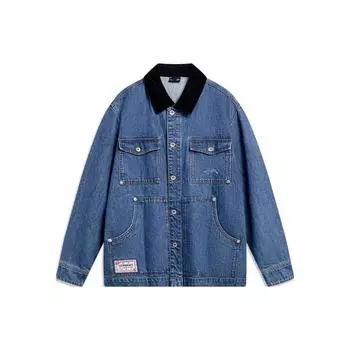 Li-Ning Letter Embroidered Single-Breasted Polo Collar Long Sleeve Denim Jacket Men jackets Medium-Blue-Denim AJDU071-2 L