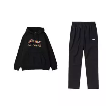 Li-Ning Letter Logo Print Loose Fit Hooded Long Sleeve Elastic Waist Pants Casual Sports Suit Men suit Black YWDT337-1+AYKT413-1 XL