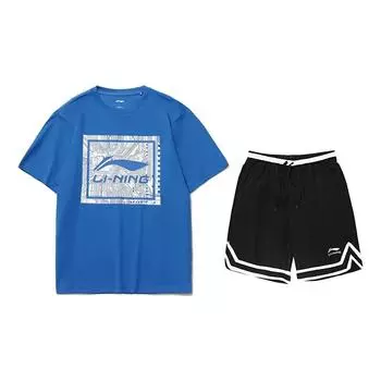Li-Ning Letter Logo Print Loose Round Neck Short Sleeve High Waist Tied Simple Shorts Casual Sports Suit Unisex Sportswear AHSUA15-3+YAPV001-1 M