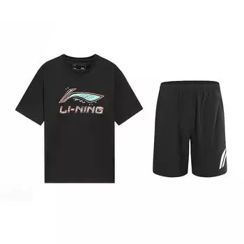 Li-Ning Letter Logo Print Round Neck Short Sleeve T-Shirt And Mid Waist Shorts Casual Sports Set Unisex sets Black AHST815-1+YKSV197-2 L