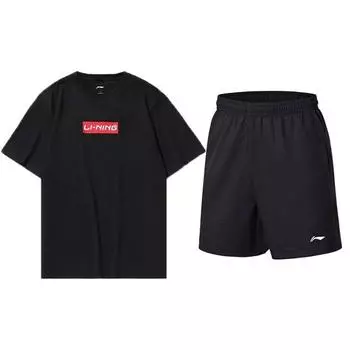 Li Ning Letter Logo Print Solid Color Short Sleeve T Shirt And Shorts Sports Set Men Sports Set Black AHSS481-1+AKSS445-1 S