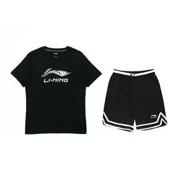 Li-Ning Letter Logo Printed Round Neck Short Sleeve Comfortable Mid Waist Five Point Shorts Casual Sports Suit Unisex suit Black AHSVD53-1+YAPV001-1 M