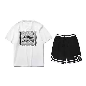 Li-Ning Letter Logo Printed Round Neck Loose Short Sleeve Mid Waist Tied Shorts Casual Sports Suit Unisex suit AHSUA15-1+YAPV001-1 M