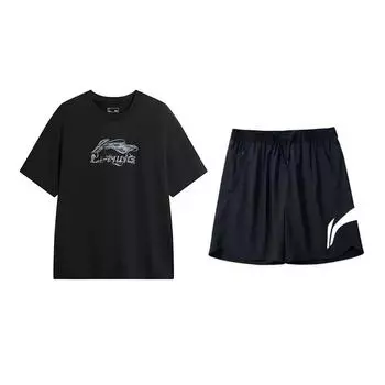 Li-Ning Letter Logo Printed Round Neck Pullover Short Sleeve Top Loose Comfortable Fashion Versatile Shorts Casual Sports Suit AHSVD57-1+YKSV197-2 L