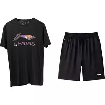 Li-Ning Letter Logo Printed Round Neck Short Sleeve T-Shirt Loose Comfortable Trendy Shorts Casual Sports Suit Unisex suit AHSUA07-1+AKSV843-1 L