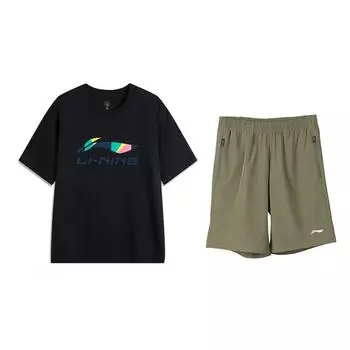 Li-Ning Letter Logo Printed Round Neck Pullover Short Sleeve Fashion Casual Sports Suit Unisex suit AHSVD61-2+AKSV841-1 S