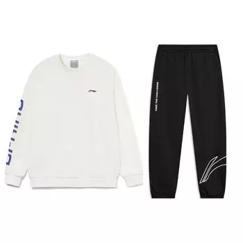 Li-Ning Letter Logo Printed Warm Fleece Loose Pullover Sweatshirt And Cuffed Knit Elastic Waist Long Pants Casual Sports Suit AWDRF44-3+AKLTD71-1 L
