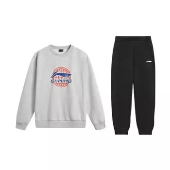 Li-Ning Letter Pattern Comfortable Loose Simple Round Neck Pullover Long Sleeve Elastic Waist Long Pants Casual Sports Suit AWDV247-4+AKLSG35-1 L